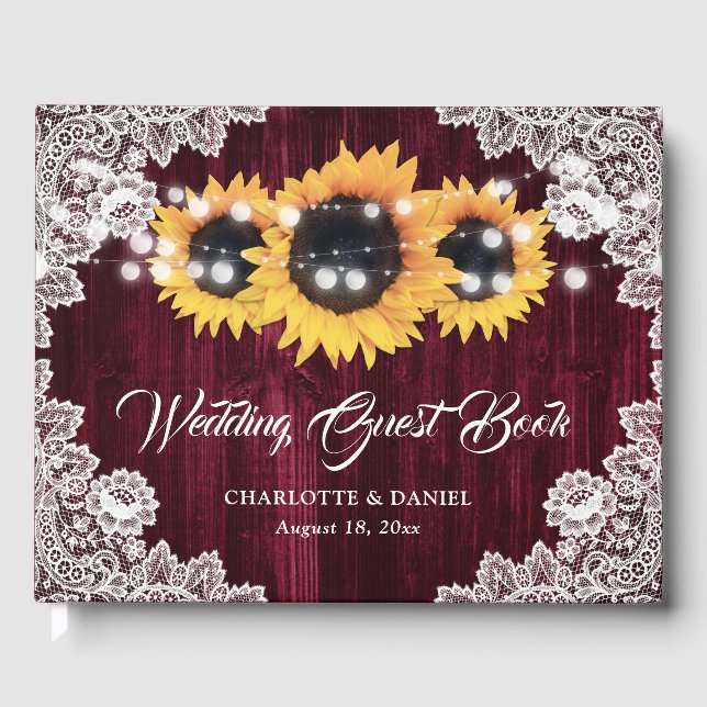 Livro De Visitas Burgundy Sunflower Wood Floral Lace Wedding (Frente)