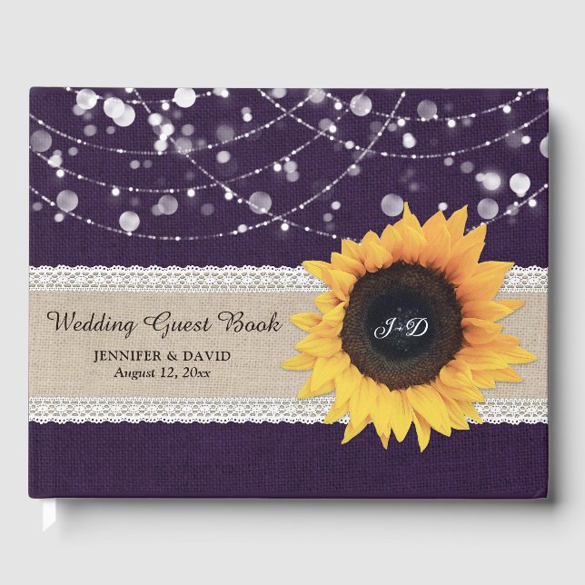 Livro De Visitas Burlap Lace Purple Sunflower Wedée Guest Book (Frente)