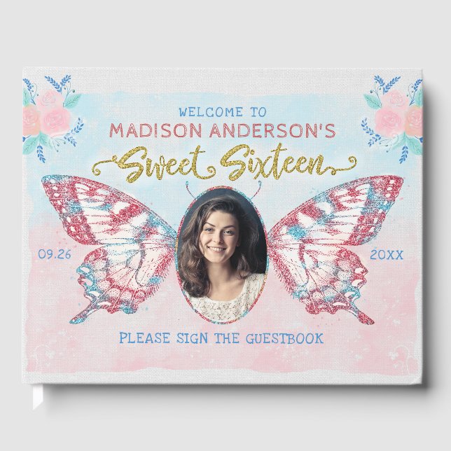 Livro De Visitas Butterfly Floral Photo Sweet 16 Festa de aniversár (Frente)