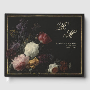 Livro De Visitas Caligrafia Monograma Flores Românticas Pretas