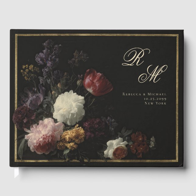 Livro De Visitas Caligrafia Monograma Flores Românticas Pretas (Frente)