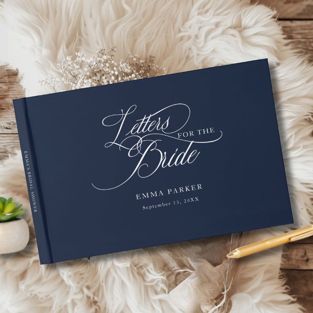 Livro De Visitas Cartas para a Noiva, Modernas, Elegantes, Azul-mar (Letters to the Bride, Modern, Elegant, Blue-Navy Guest Book, personalized with your name and date.)