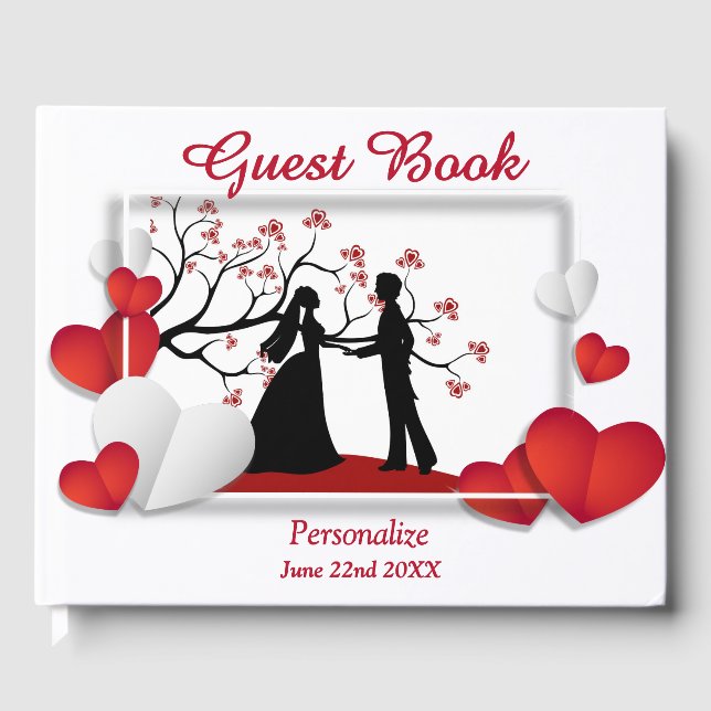 Livro De Visitas Casal Romântico Silhoutte Red Hearts Personaliza (Frente)