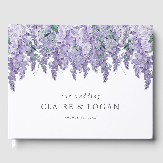 Livro De Visitas Casamento Aquarela Roxo empoeirado de Wisteria (Frente)