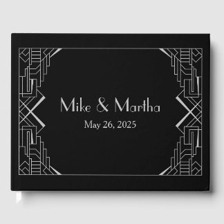 Livro De Visitas Casamento Art Déco Great Gatsby Prata sobre Preto