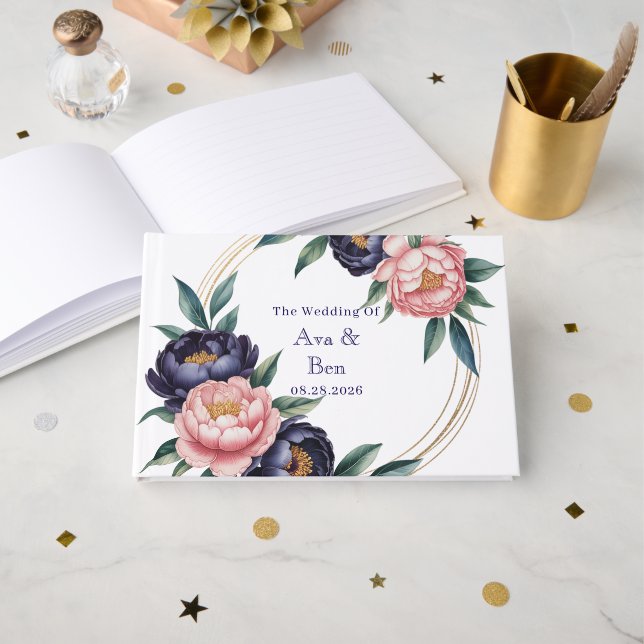 Livro De Visitas Casamento Azul Blush e Marinho (Frente aberta)