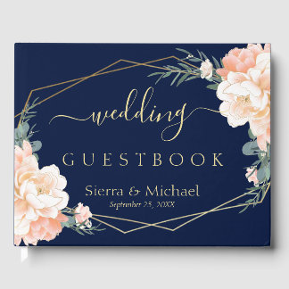 Livro De Visitas Casamento Azul com Creme Floral Dourado Marinho El