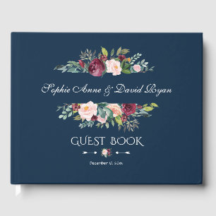 Livro De Visitas Casamento Azul de Marinho Floral Burgundy Elegante