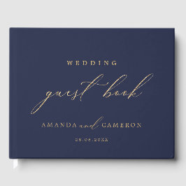 Livro De Visitas Casamento Azul do Marinho de Caligrafia Dourada ro