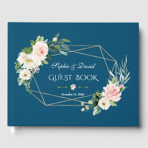 Livro De Visitas Casamento Azul Dourado com a Blush Floral