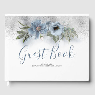 Livro De Visitas Casamento azul e de prata empoeirado do brilho