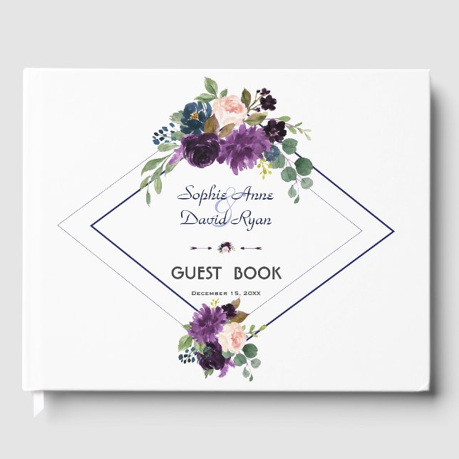 Livro De Visitas Casamento Azul Lavanda Roxo Marinho Floral (Frente)