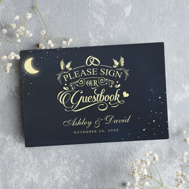 Livro De Visitas Casamento Azul Meia-Noite Estrelas Lua Celestial (Criador carregado)