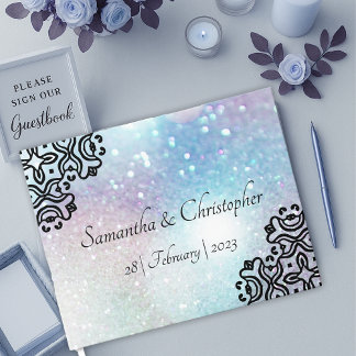 Livro De Visitas Casamento Black Damask Lace e Pastel Sparkles