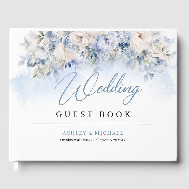Livro De Visitas Casamento Boho Elegante Dusty Blue e Ivory Flowers (Frente)