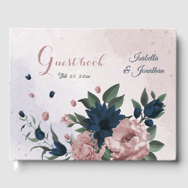 Livro De Visitas casamento botânico com flores rosa e marinhos