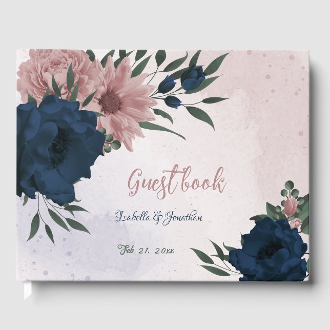 Livro De Visitas casamento botânico com flores rosa e marinhos (Frente)