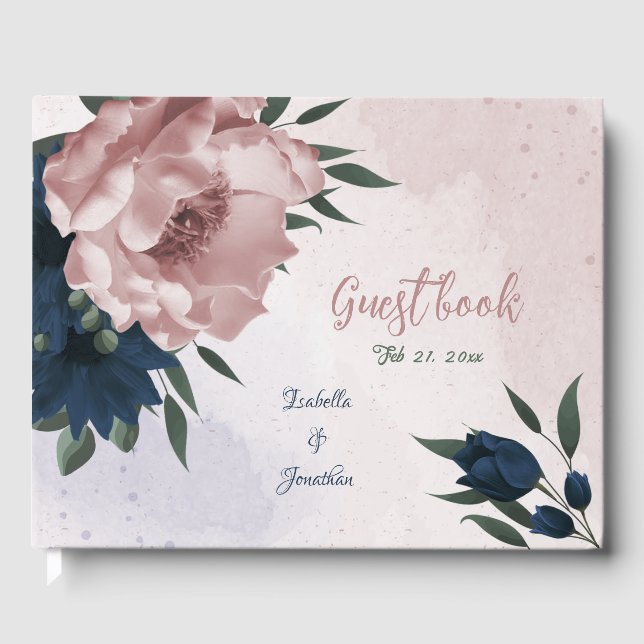 Livro De Visitas casamento botânico com flores rosa e marinhos (Frente)