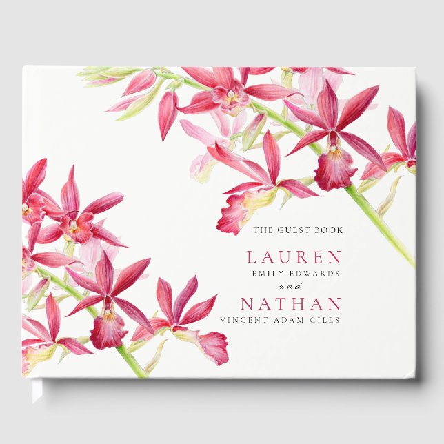 Livro De Visitas Casamento botânico das flores da orquídea vermelha (Frente)