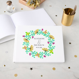 Livro De Visitas Casamento Botânico De Bright Turquoise Floral Wrea