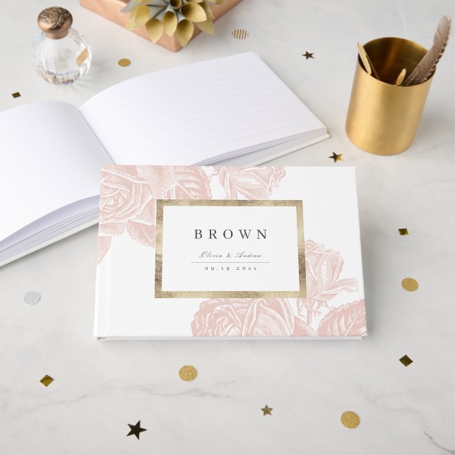 Livro De Visitas Casamento botânico de rosa de luxo (Frente aberta)