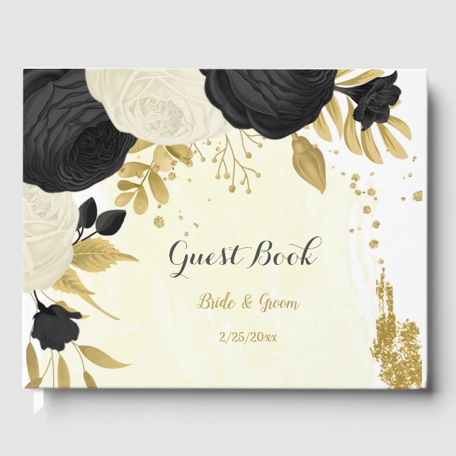 Livro De Visitas casamento botânico entre flores pretas e brancas (Frente)