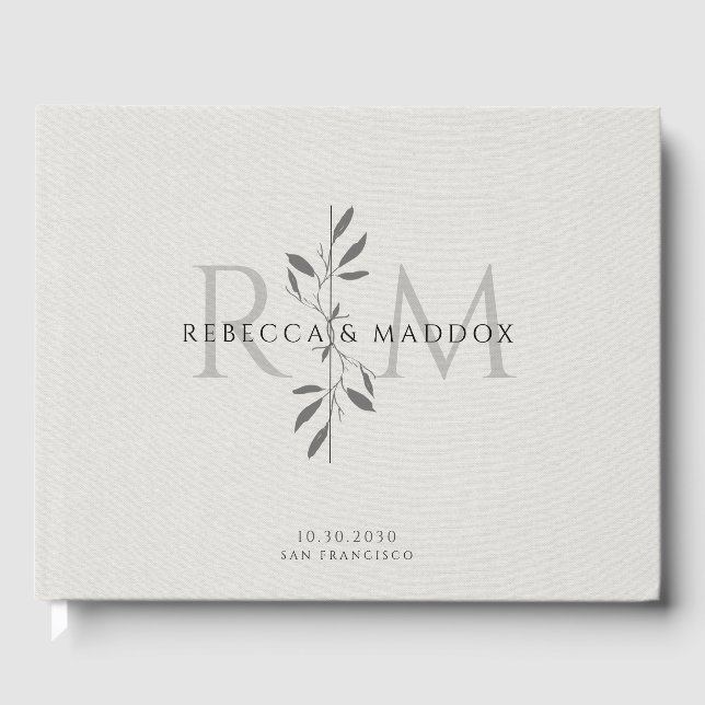 Livro De Visitas Casamento Botânico Monograma Cinza Elegante (Frente)