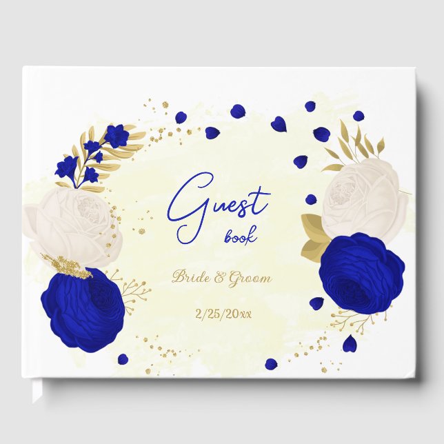 Livro De Visitas casamento botânico real com flores azuis e brancas (Frente)