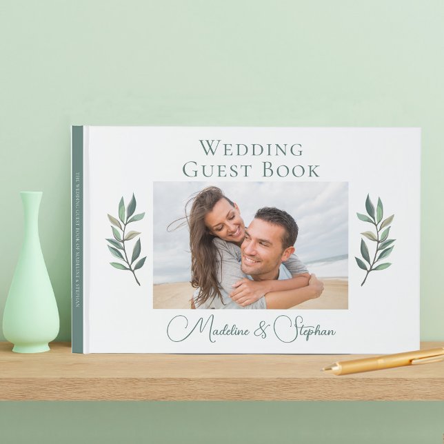 Livro De Visitas Casamento Botânico Verde com Foto do Casal Elegant (Criador carregado)