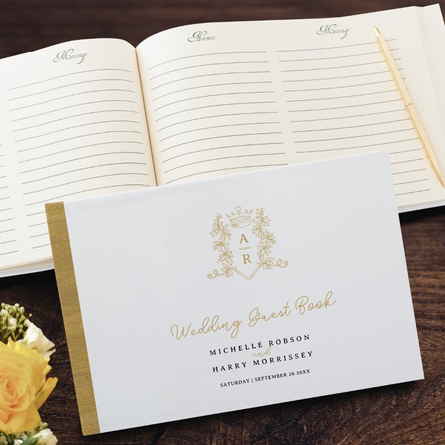 Livro De Visitas Casamento branco desenhado pela mão da crista card (Criador carregado)