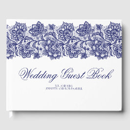 Livro De Visitas Casamento Branco Elegante de Lace Azul marinho