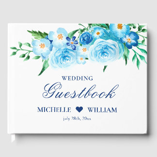 Livro De Visitas Casamento Branco Floral Azul-Cor-de-Água Elegante
