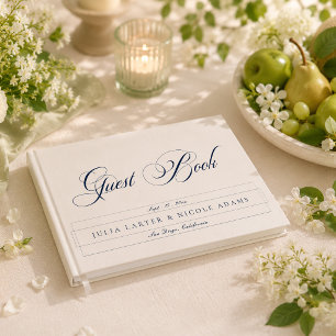 Livro De Visitas Casamento Caligrafia Marfim Azul Navy Clássico