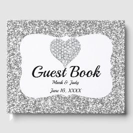Livro De Visitas Casamento Cardíaco com Glitter Diamond Faux Silver