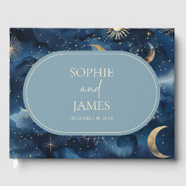 Livro De Visitas Casamento Céu Estelar Elegante Dourado Azul