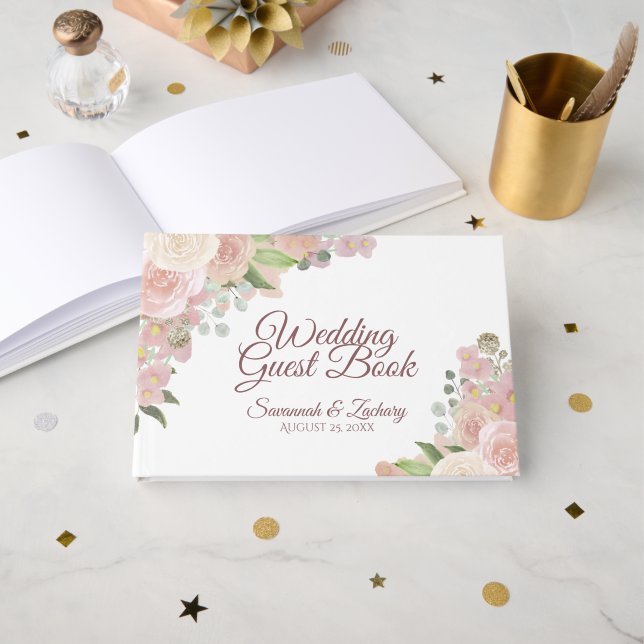 Livro De Visitas Casamento Chic Rustic Floral Boho Rosa Elegante Ro (Frente aberta)