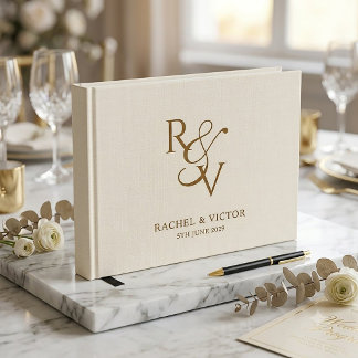 Livro De Visitas Casamento Chic Tipografia Monograma Dourado em Lin