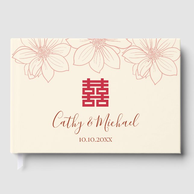 Livro De Visitas Casamento chinês floral vermelho e bege Boho (Frente)