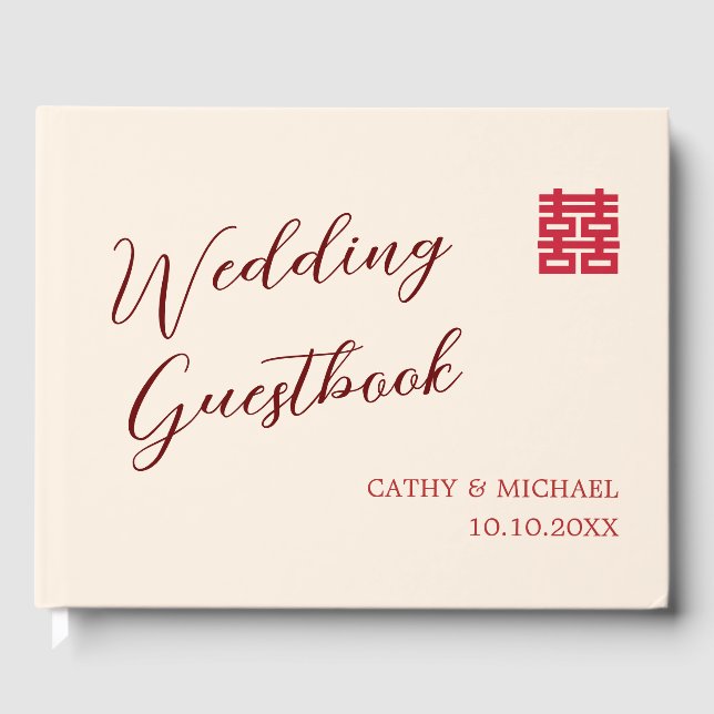 Livro De Visitas Casamento chinês moderno bege vermelho simples (Frente)