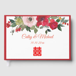 Livro De Visitas Casamento chinês moderno floral aquarela rosa verm