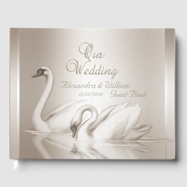 Livro de Visitas Casamento Cisnes Damask Creme Bra (Frente)