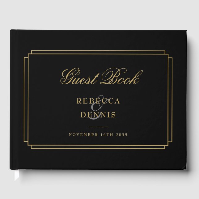 Livro De Visitas Casamento Clássico Art Déco Preto e Dourado (Frente)