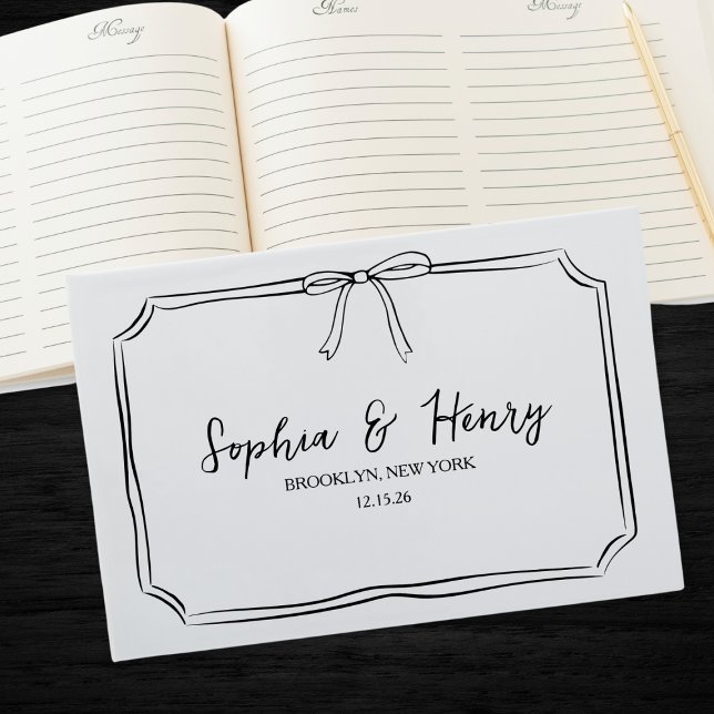 Livro De Visitas Casamento clássico de Arco preto e branco com Eter (Classic and chic! Customize this elegant bow guestbook for your wedding day—personalized with ease.)