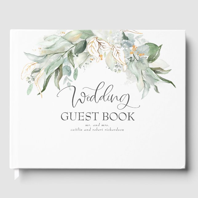 Livro De Visitas Casamento com Aquarela Boêmia em Verde e Dourado (Frente)