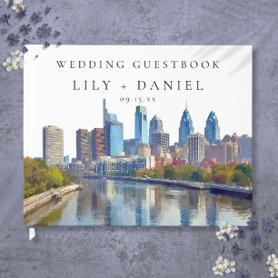 Livro De Visitas Casamento com Aquarela da Silhueta de Filadélfia