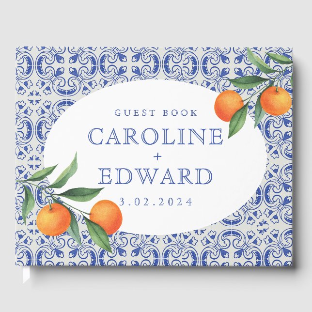 Livro De Visitas Casamento com Bluetile Mediterrânica Watercolor (Frente)