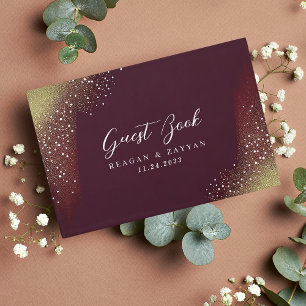 Livro De Visitas Casamento com Brilho em Borgonha e Dourado