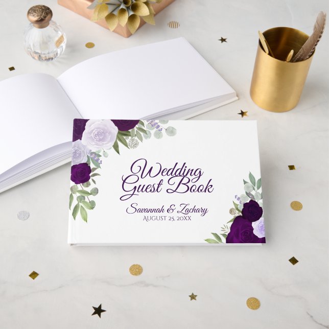 Livro De Visitas Casamento com Elegante Floral Elegante Púrpura Plu (Frente aberta)