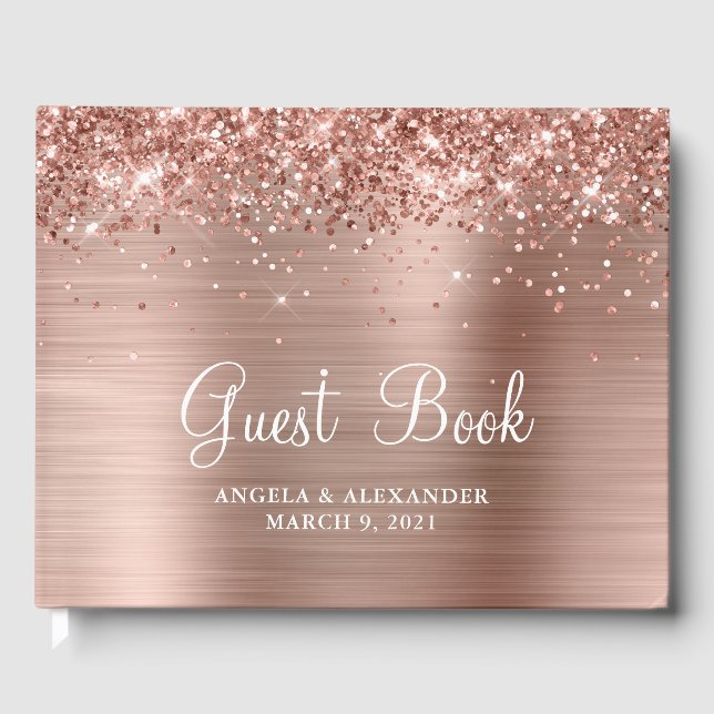 Livro De Visitas Casamento com folhas Rosa douradas (Frente)