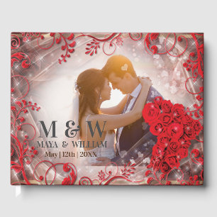 Livro De Visitas Casamento com Frame Vermelho Floral